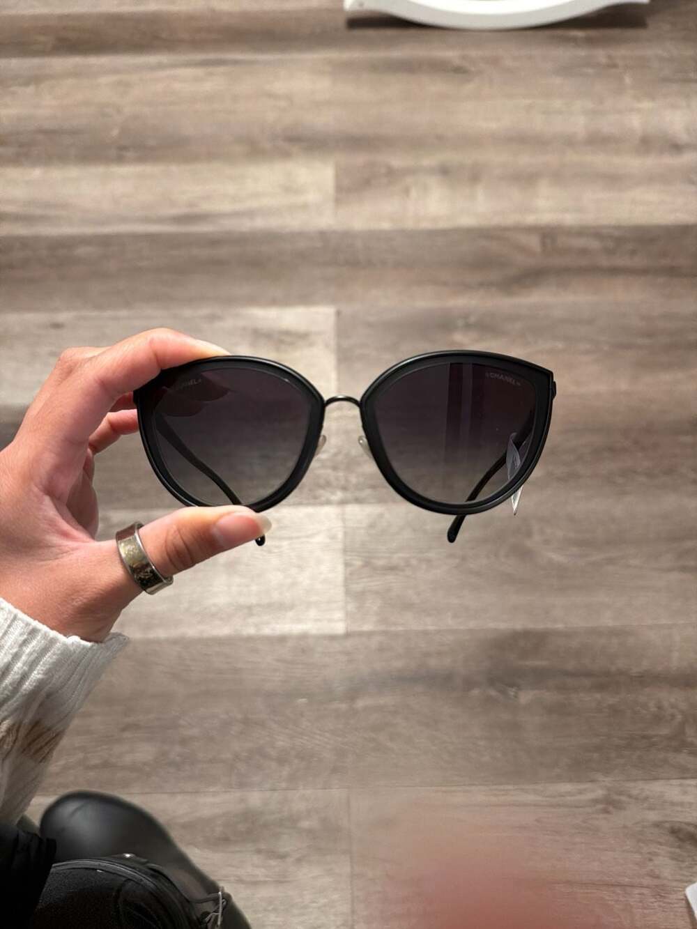 CHANEL Black Metal Round Cat Eye Sunglasses with Gradient Lenses